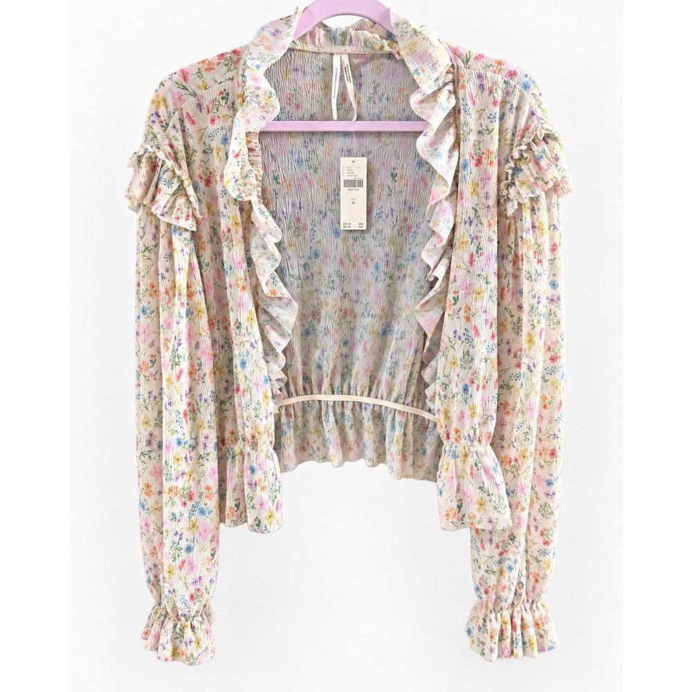 Anthropologie Floral Plisse Ruffle Open Front Cardigan Top Cream Multi M